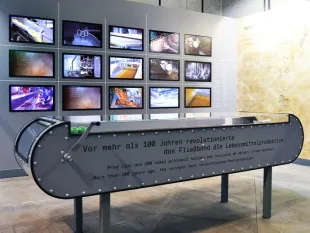 Ausstellungsraum: Ein Modell eines Förderbands mit Texten über die Revolutionierung der Lebensmittelproduktion vor über 100 Jahren, umgeben von Bildschirmen mit industriellen Szenen