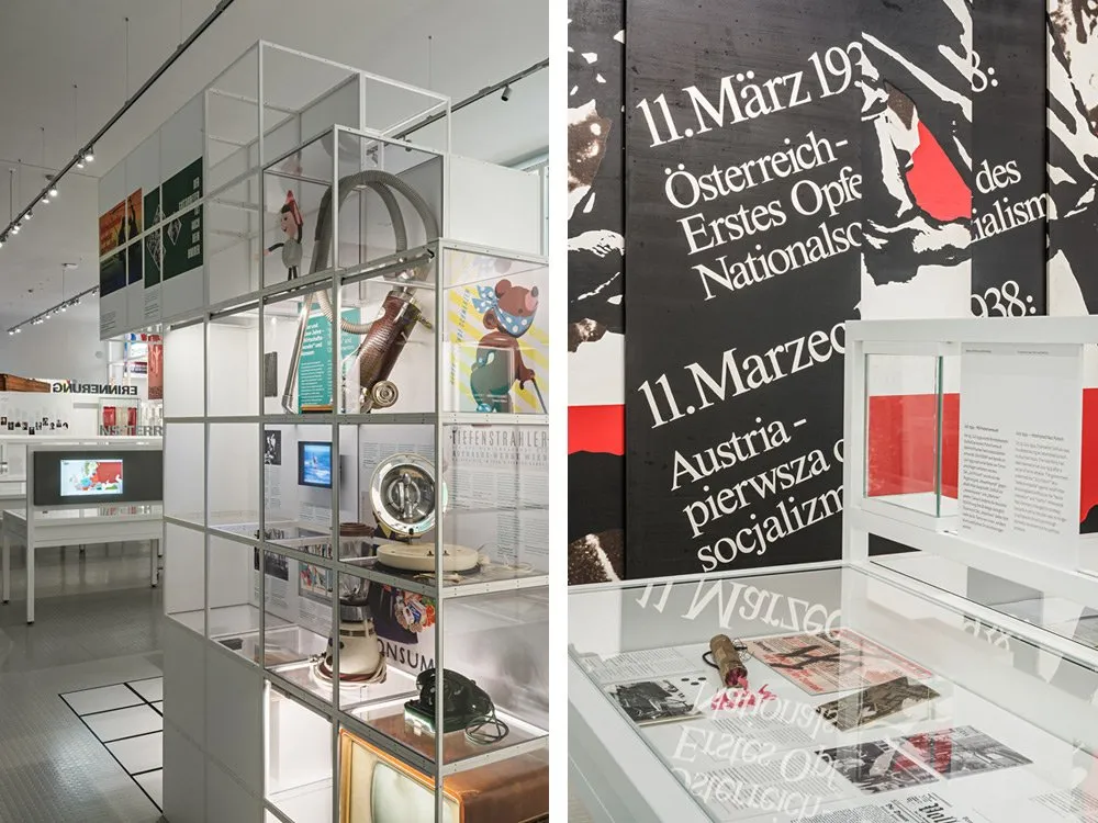 Zweiteiliges Bild: Links: Vitrine mit historischen Artefakten und Plakaten; Rechts: Wand mit Aufschrift "11. März 1938" und "Österreich - Erstes Opfer des Nationalsozialismus"