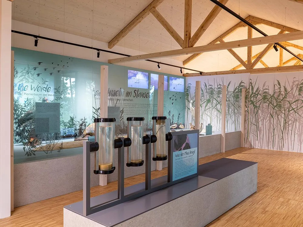Ausstellungsraum: Zentral im Raum Glasröhren mit Bodenproben. Im Hintergrund Bildschirme mit Naturbildern, Informationspaneelen und Schilfrohr-Dekor