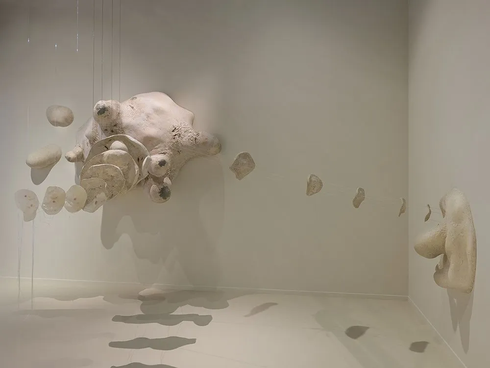 überlebensgroße Amöbenskulptur mit ausgedehnten Formen hängt in einem Raum