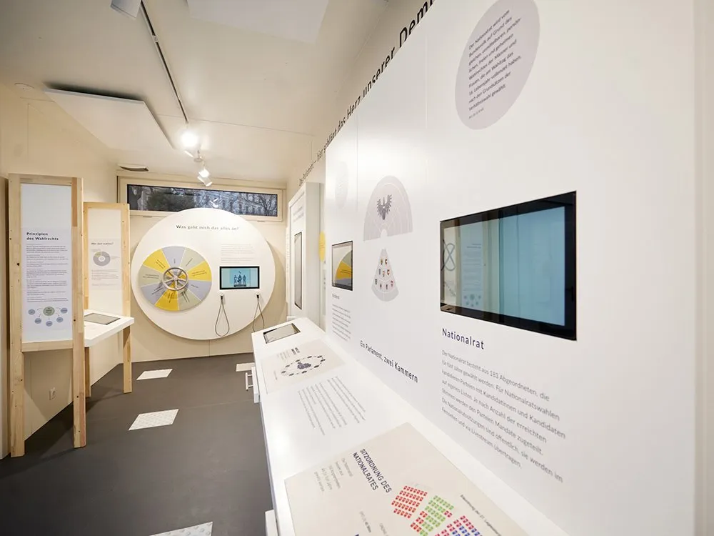Ausstellung mit Texttafeln, einem Diagramm und Touchscreens