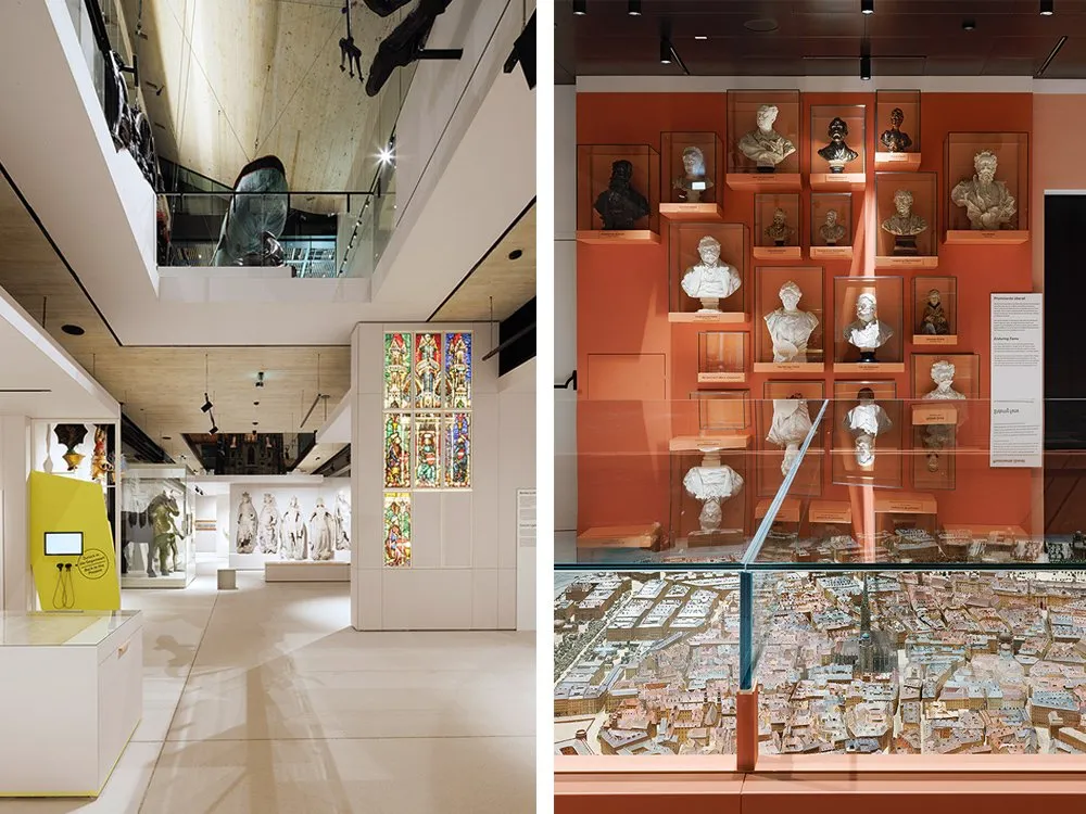 Zweiteiliges Bild: Links Ausstellungsraum mit Vitrinen mit Statuen und bunten Bleiglasfenstern, hängender Wal im oberen Stockwerk; rechts Raum mit einer Wand voller Büsten und einem detaillierten Stadtmodell unter Glaskuppel